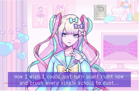 KAngel from Needy Streamer Overload saying 'How I wish I could just turn giant right now and crush every single school to dust...