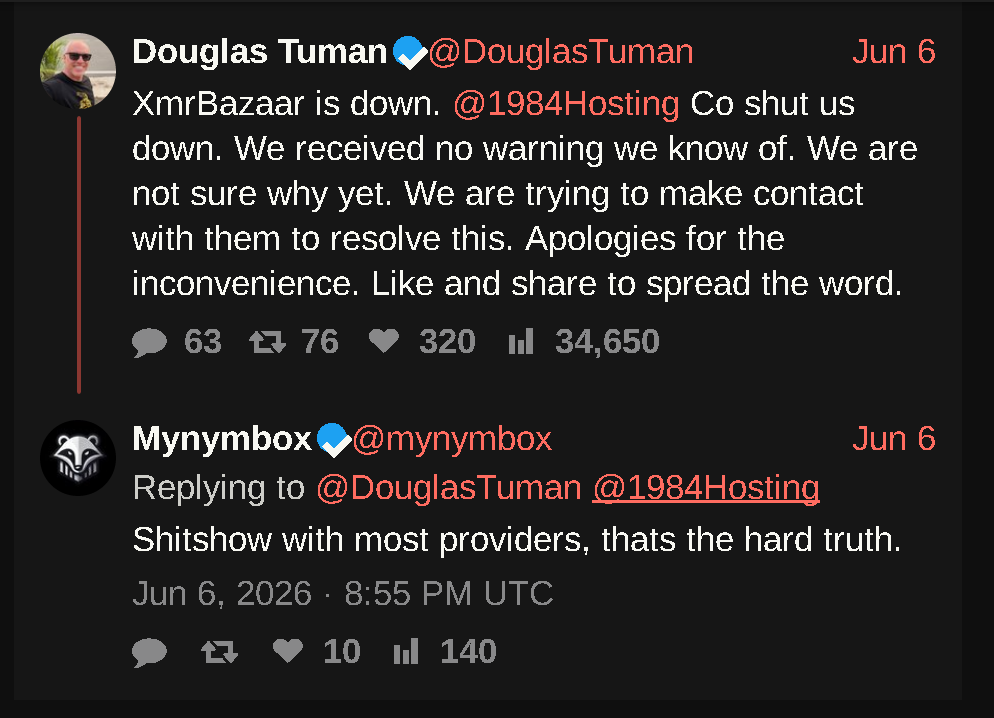 Mynymbox X profile saying 'Shitshow with most providers, thats the hard truth.' under a tweet complaining that another VPS kicked him out